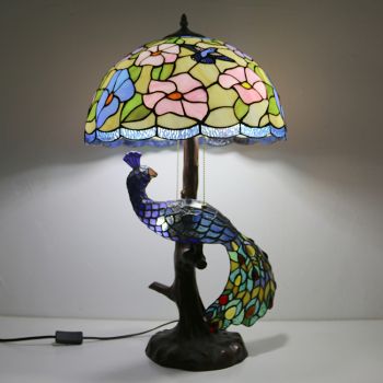 LongHuiJing 16In Butterfly Stained Glass Lampshade Desk Lamp Tiffany Style Table Lamps With Glass Peacock and Tree Base