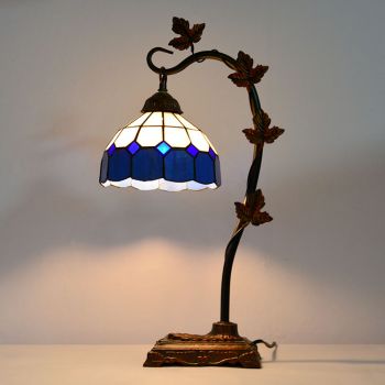 LongHuiJing Home Decor Tiffany Table Lamp Pastoral Stained Glass Lampshade Desk Light Morning Glory Vine Metal Base