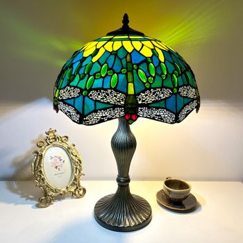 LongHuiJing 16Inch Tiffany Lamps Stained Glass Green Dragonfly Style Crystal Bead Handcrafted Shade