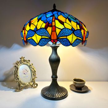 LongHuiJing Dragonfly Handmade Stained Tiffany Glass Table Lamp 16 inch shade Bedside Home Decor