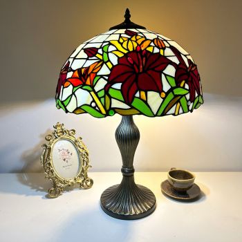LongHuiJing Tiffany Style Decor Table lamp 16 inch Wide Lily Flower Stained Glass and Resin Shade Zinc Alloy Base