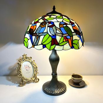 LongHuiJing Traditional Tiffany Metal Glass Dome Grape Flower Dragonfly Butterfly 2-Light Table Lamp For Bedside