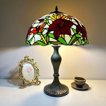 LongHuiJing Tiffany Style Decor Table lamp 16 inch Wide Lily Flower Stained Glass and Resin Shade Zinc Alloy Base