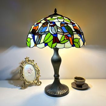 LongHuiJing Traditional Tiffany Metal Glass Dome Grape Flower Dragonfly Butterfly 2-Light Table Lamp For Bedside