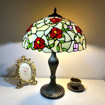 LongHuiJing Tiffany Style Table Lamp 16Inch Rose Flower Stained Glass Lampshade Desk Light Creative Art Home Decor