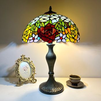 LongHuiJing Traditional Tiffany Half Ball Rose Resin Stained Glass 2-Light Table Lamp For Bedroom