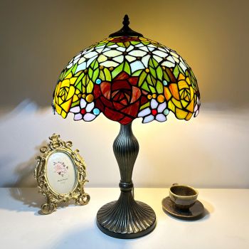 LongHuiJing Traditional Tiffany Half Ball Rose Resin Stained Glass 2-Light Table Lamp For Bedroom