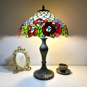 LongHuiJing Rose Lamp Tiffany Style Table Lamp Stained Glass Lamp Bed Room Bedside Reading Desk Light 