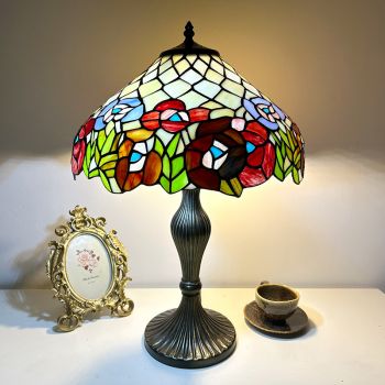 LongHuiJing Rose Lamp Tiffany Style Table Lamp Stained Glass Lamp Bed Room Bedside Reading Desk Light 