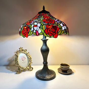 LongHuiJing 16Inch Stained Glass Two Light Jeweled Flowery Accent Table Lamp