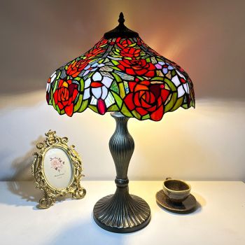 LongHuiJing 16Inch Stained Glass Two Light Jeweled Flowery Accent Table Lamp