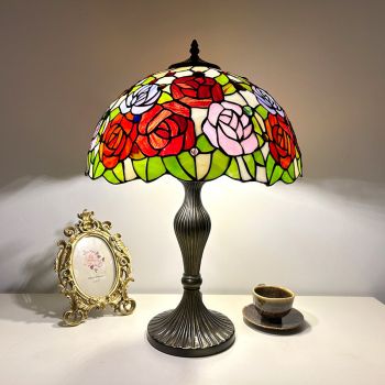 LongHuiJing 16Inch European Stained Glass Rose Style Tiffany Table Lamp