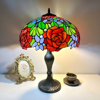 LongHuiJing 16Inch Rose Lamp Tiffany Style Table Lamp Stained Glass Lamp Bed Room Bedside Reading Desk Light