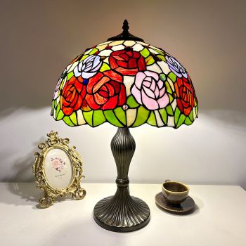 LongHuiJing 16Inch European Stained Glass Rose Style Tiffany Table Lamp
