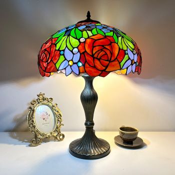 LongHuiJing 16Inch Rose Lamp Tiffany Style Table Lamp Stained Glass Lamp Bed Room Bedside Reading Desk Light
