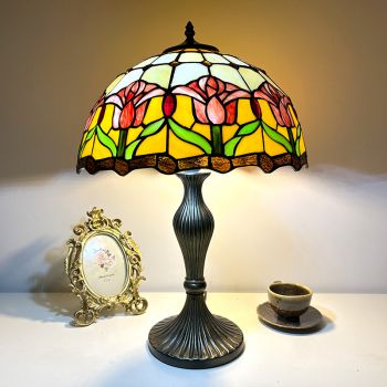 LongHuiJing Traditional Tiffany Pastoral Tulip Flower Stained Glass 2-Light Table Lamp For Bedroom