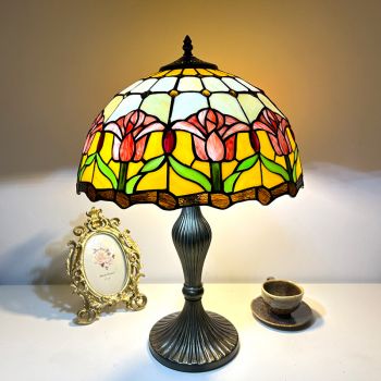 LongHuiJing Traditional Tiffany Pastoral Tulip Flower Stained Glass 2-Light Table Lamp For Bedroom