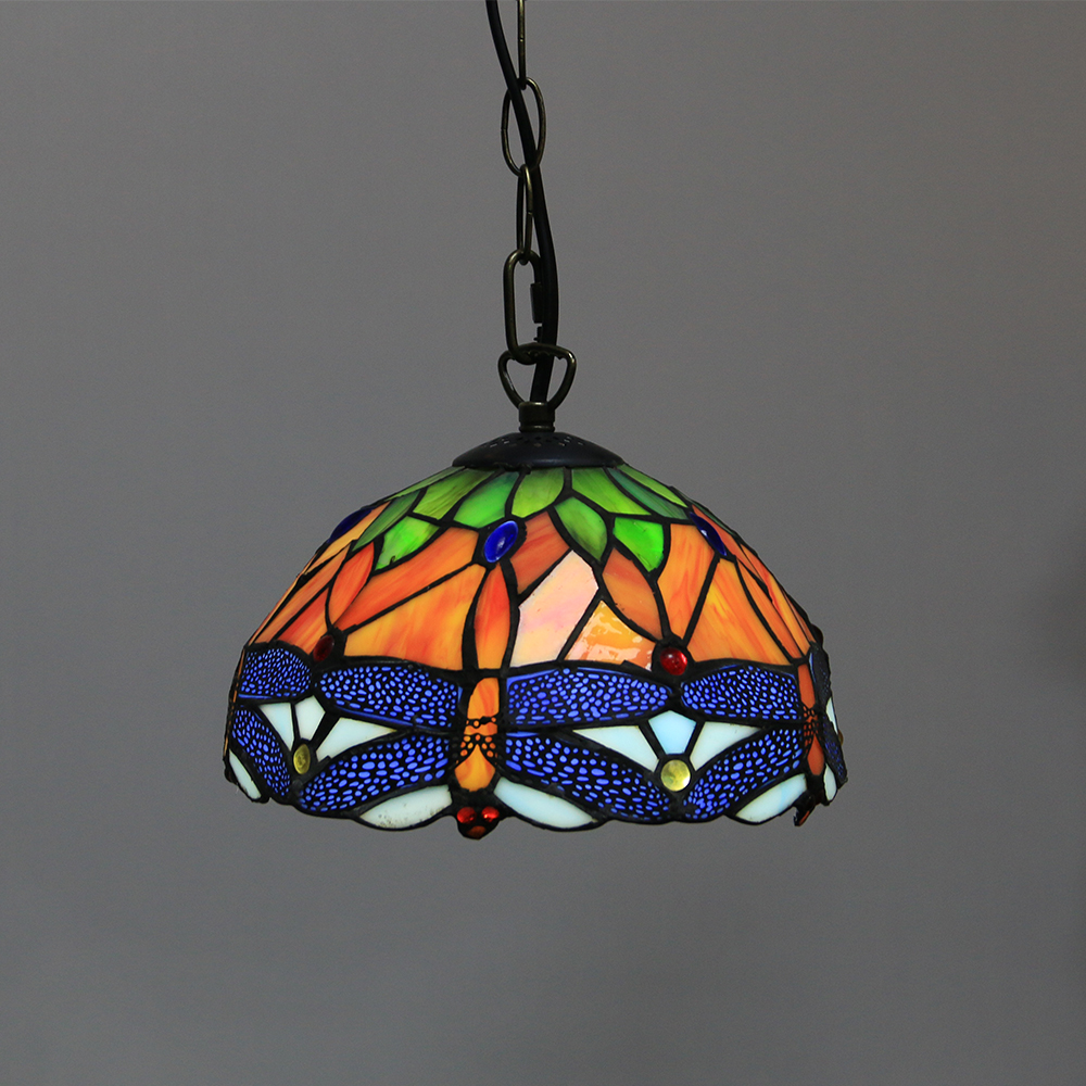 LongHuiJing 10Inch Tiffany Style Pendant Lamp Vintage Pastoral Stained Glass Dragonfly Shade E27 Ceiling Hanging Lights