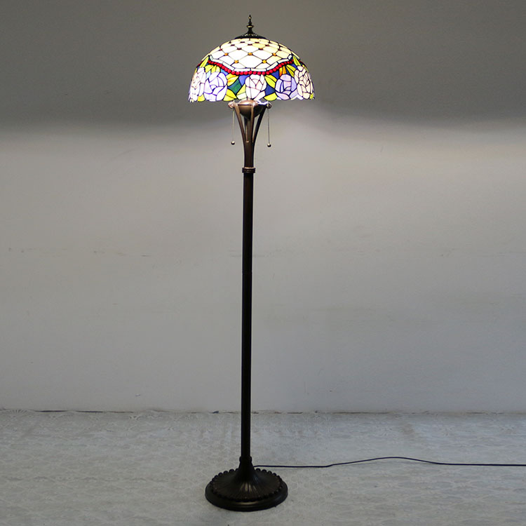 LongHuiJing Tiffany Style Stained Glass Floor Lamp with 16-inch Wide Handmade Pink Floral Lampshade Metal Base