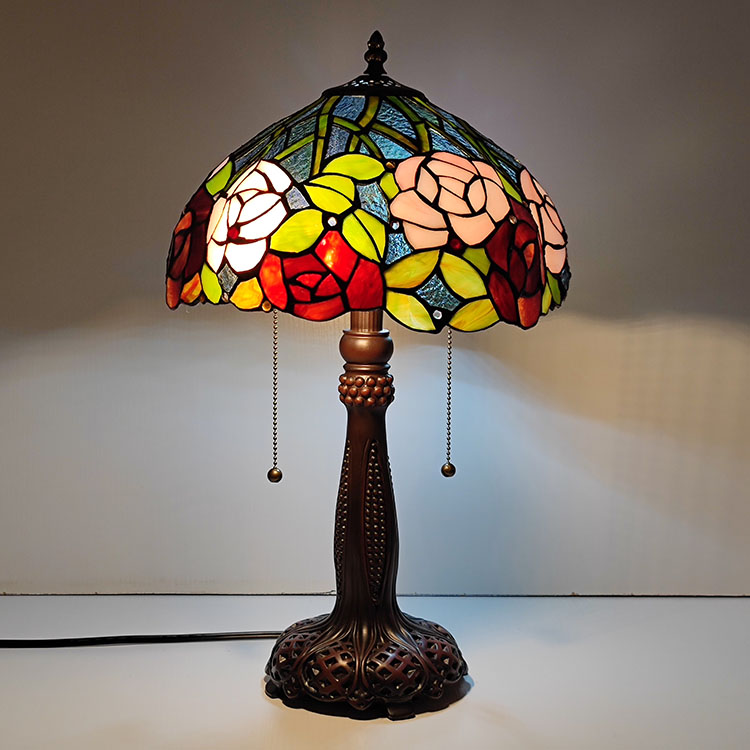 LongHuiJing Tiffany Stained Glass Style Desk Light Rose Lmapshade Table Reading Night Light W12H22Inch