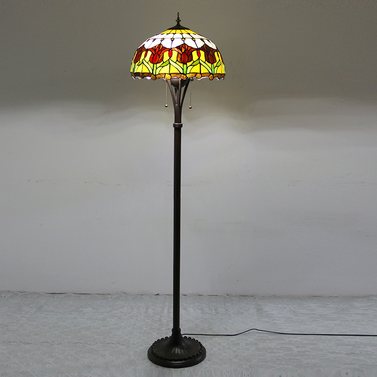 LongHuiJiing Tiffany Style Floor Standing Lamp 63 Inch Tall Stained Glass Tulip Flower Design Shade 2 Light Antique Base