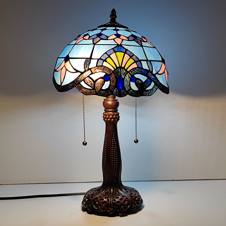 LongHuiJing Tiffany Stained Glass Style Desk Light Baroque Blue Shade Table Reading Night Light W12H22Inch