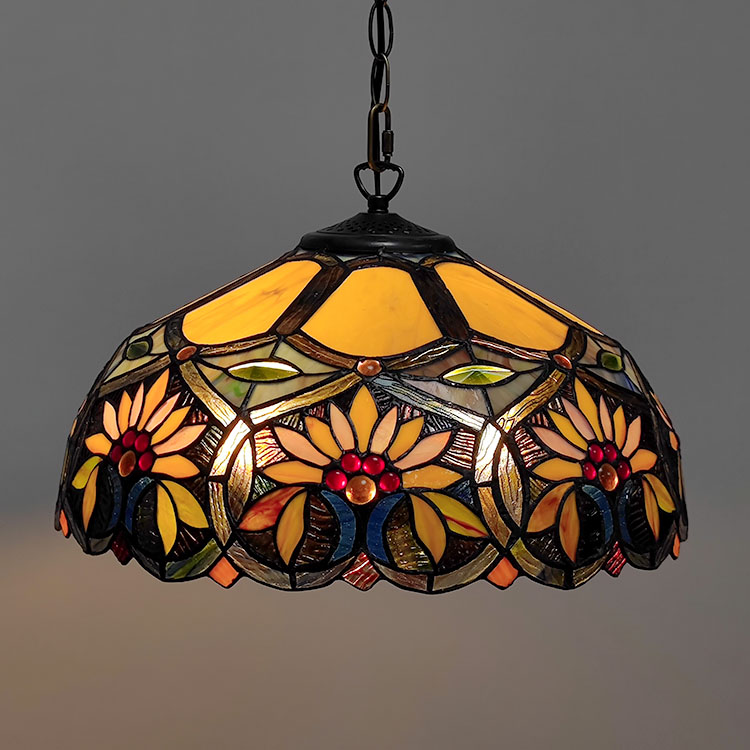 LongHuiJing 16Inch Tiffany Style Stained Glass Hanging Lamp Sunflower Floral Stained Glass Ceiling Light