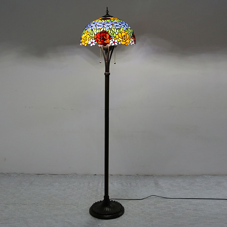 LongHuiJing Red Yellow Flower Tiffany Style Stained Glass Floor Lamp with 16-inch Wide Handmade Lampshade Metal Base