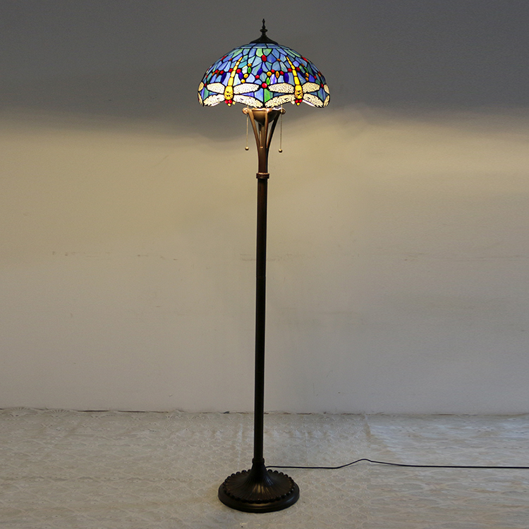 LongHuiJing Dragonfly Tiffany Style Stained Glass Floor Lamp with 16-inch Wide Handmade Lampshade Metal Base