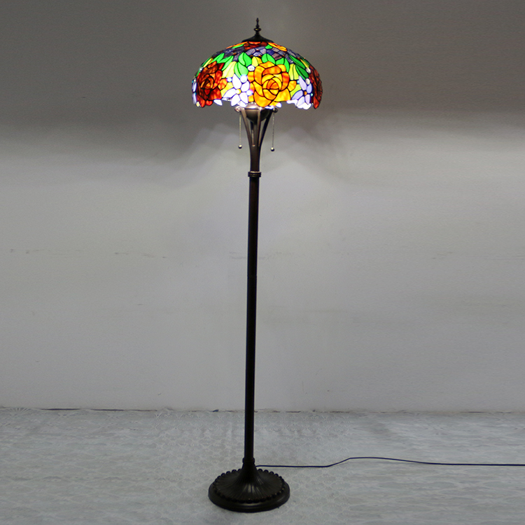 LongHuiJing Tiffany Style Floor Standing Lamp W16H63 Inch Tall Stained Glass Red Rose Shade 2E27 Antique Read Lighting