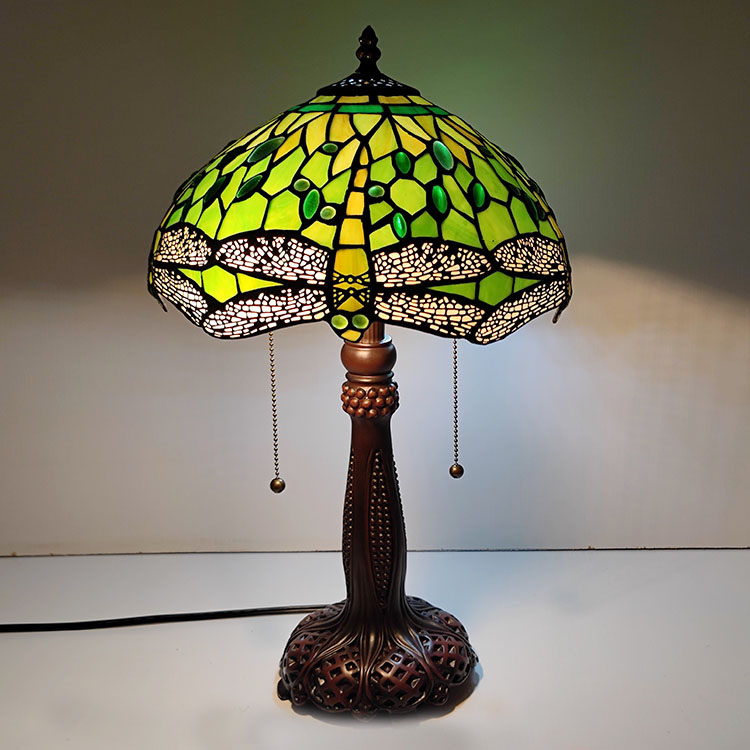 LongHuiJing Tiffany Stained Glass Style Desk Light Dragonfly Green Color Shade Table Reading Night Light W12H22Inch
