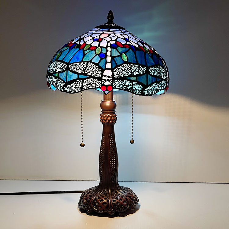 LongHuiJing Tiffany Lamps W12H22 Inch Dragonfly Stained Glass Lampshade Desk Light Antique Table Lamp