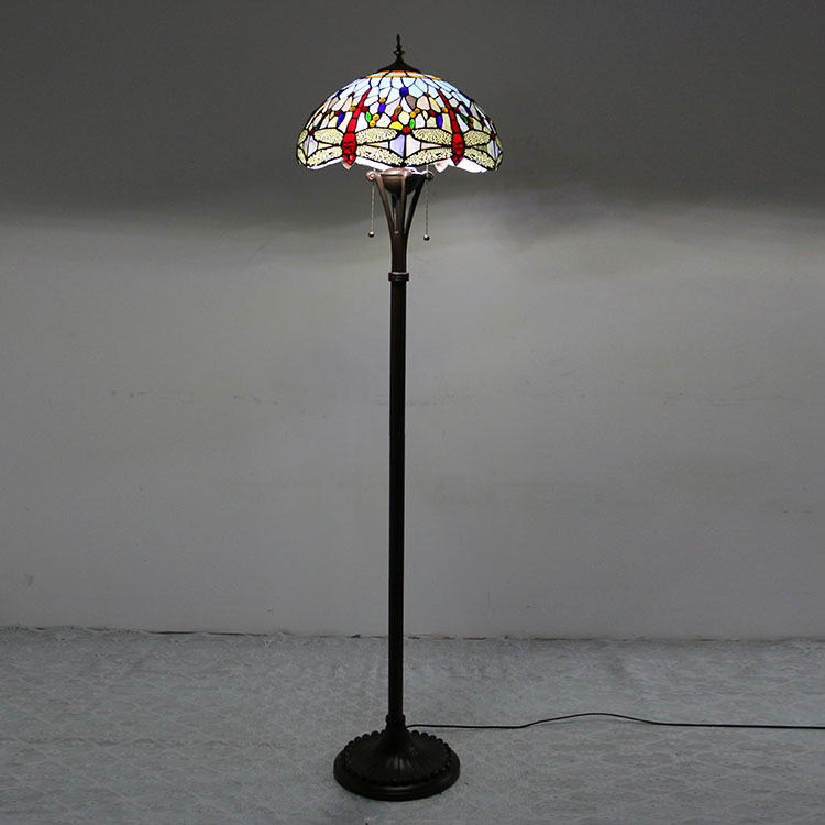 LongHuiJing Tiffany Style Floor Standing Lamp W16H63 Inch Tall Stained Glass Red Dragonfly Shade Antique Read Lighting