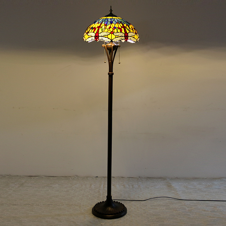 LongHuiJing Red Dragonfly Tiffany Style Stained Glass Floor Lamp with 16-inch Wide Handmade Lampshade Metal Base
