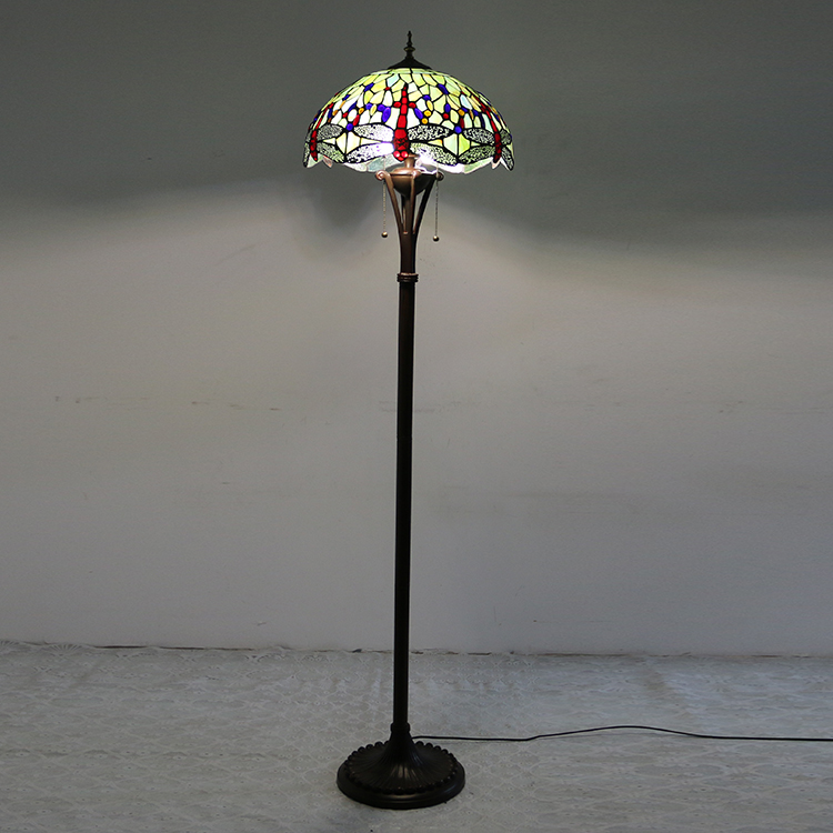 LongHuiJing Tiffany Style Floor Standing Lamp 63Inch Tall Stained Glass Red Dragonfly Design Shade 2 Light Antique Base