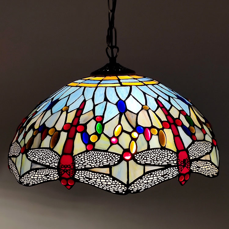 LongHuiJing Tiffany Style Pendant Lamp 16 Inch Vintage Pastoral Stained Glass Dragonfly Design Shade E27 Ceiling Light