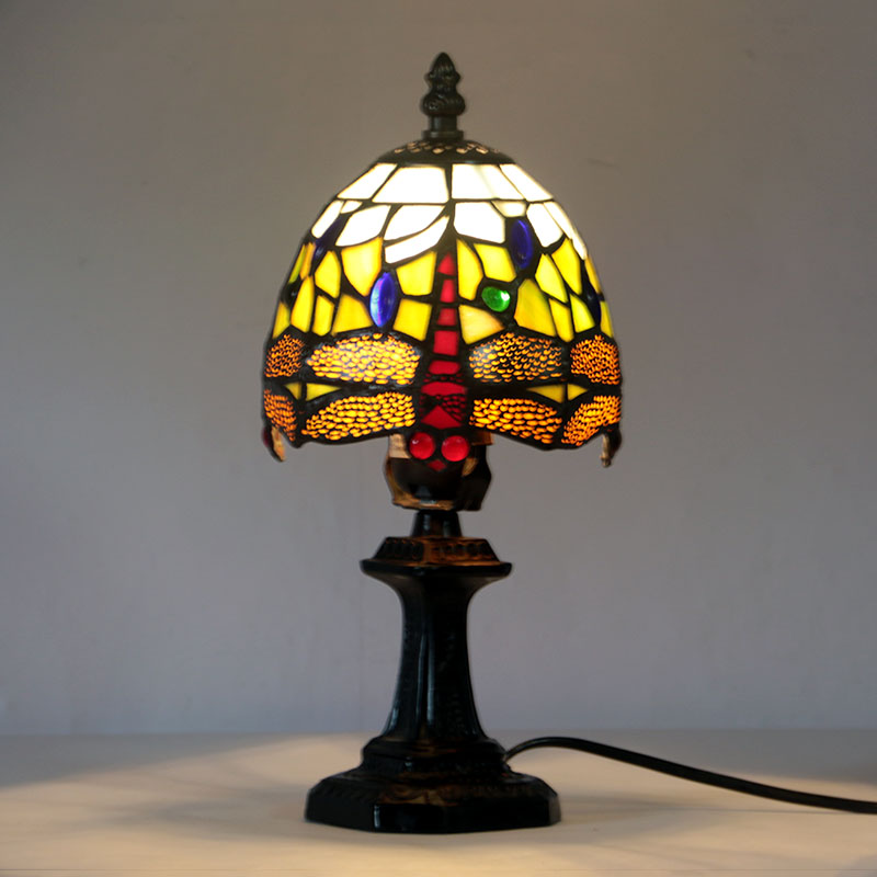 LongHuiJing Mini Red Dragonfly Tiffany Table Lamp Stained Glass Small Table Lamp E27 Deco Night Light