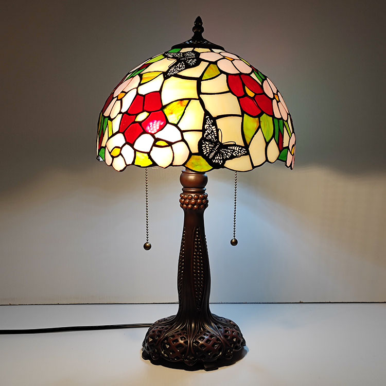 LongHuiJing Tiffany Lamp Red Stained Glass Style Butterfly Shade Table Reading Night Light W12H22Inch