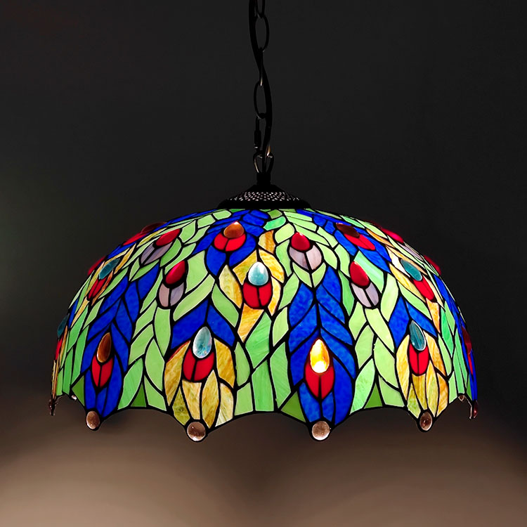 LongHuiJing 16Inch Tiffany Style Stained Glass Hanging Lamp Peacock Feather Stained Glass Ceiling Light