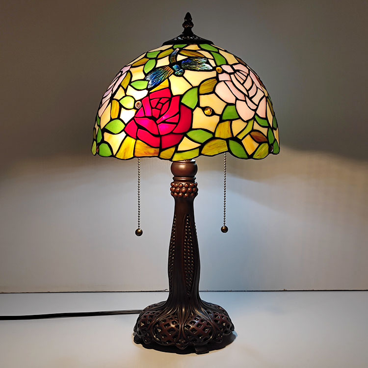 LongHuiJing Tiffany Stained Glass Style Desk Light Rose Flower Lampshade Table Reading Night Light W12H22Inch