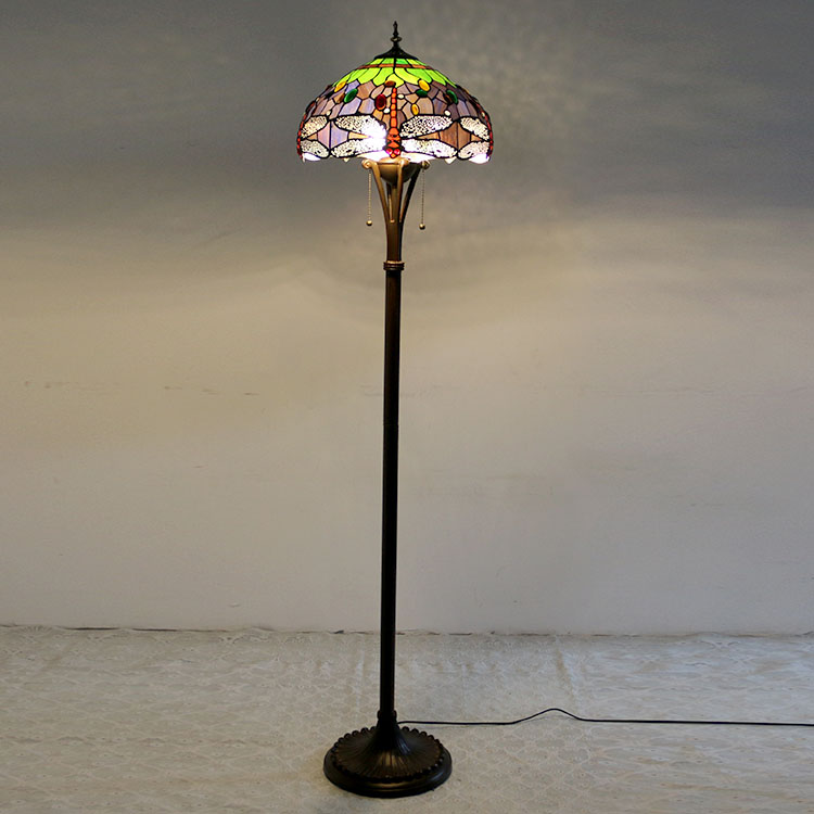LongHuiJing Tiffany Floor Lamp Antique Standing Reading Light 63Inch Tall Stained Glass Red Dragonfly Shade Lights