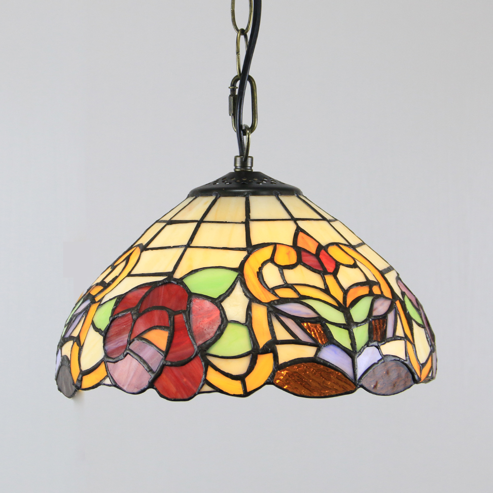 LongHuiJing 10Inch Tiffany Style Pendant Lamp Vintage Pastoral Stained Glass Rose Flower Shade E27 Ceiling Hanging Light