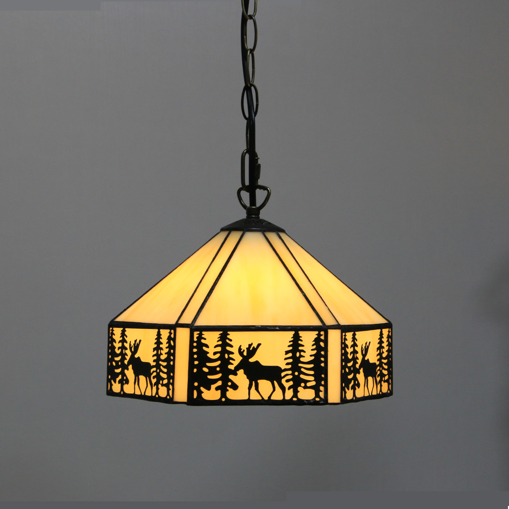 LongHuiJing 10Inch Tiffany Style Pendant Lamp Vintage Deer With Trees Stained Glass Shade E27 Ceiling Hanging Lights
