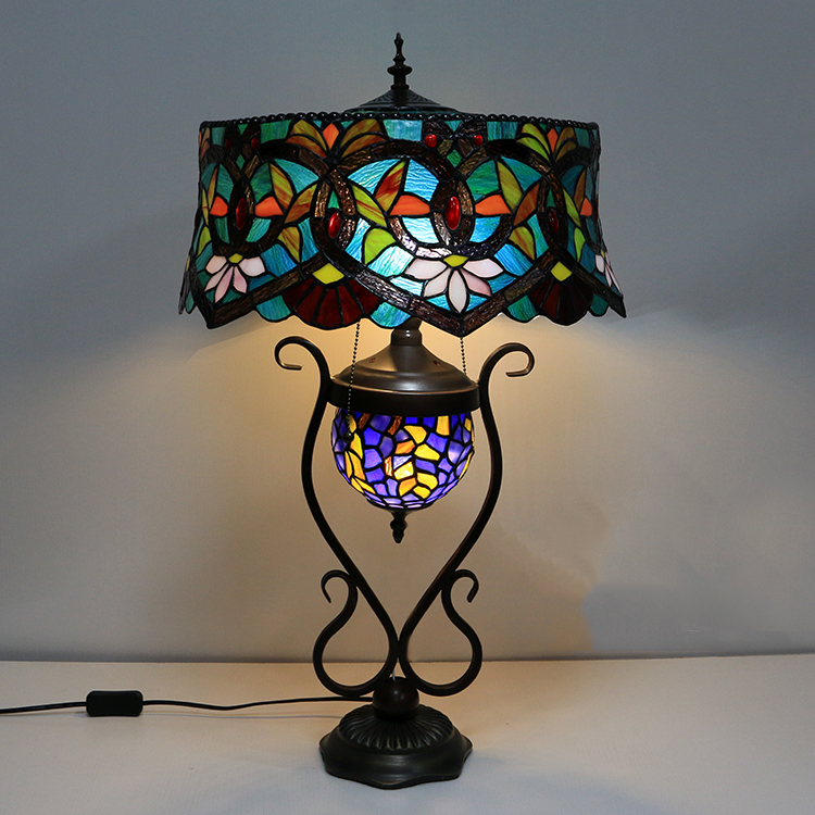LongHuiJing Tiffany Style lamp 18-inchantique red flower stained glass lamp shade lamp with glass luminous base