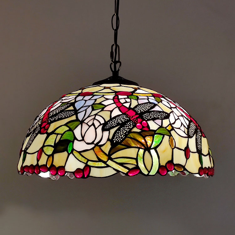 LongHuiJing 16Inch Dragonfly Tiffany Style Stained Glass Hanging Lamp Vintage Stained Glass Ceiling Light