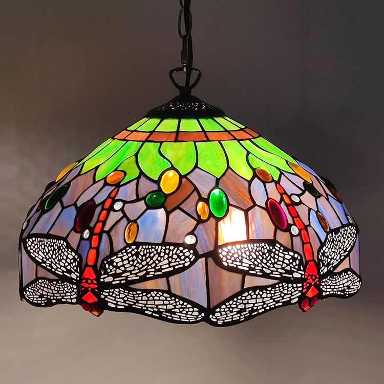 LongHuiJing 16Inch Tiffany Style Stained Glass Hanging Lamp Red Dragonfly Stained Glass Ceiling Light