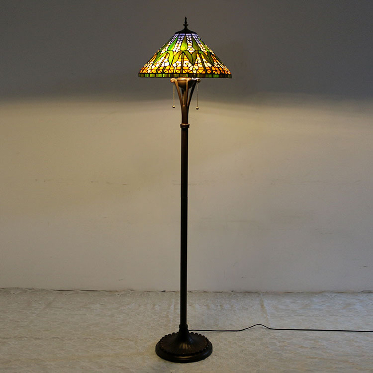 LongHuiJing Tiffany Floor Lamp Bright Antique Standing Reading Light 63" Tall Stained Glass Cone Lampshade Bamboo Design