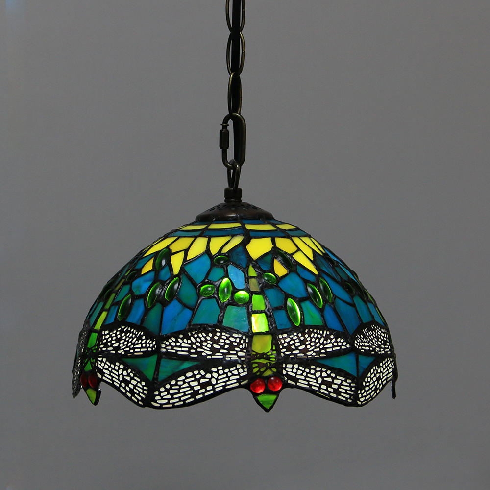 LongHuiJing 10Inch Tiffany Style Pendant Lamp Vintage Stained Glass Dragonfly Shade E27 Ceiling Hanging Lights