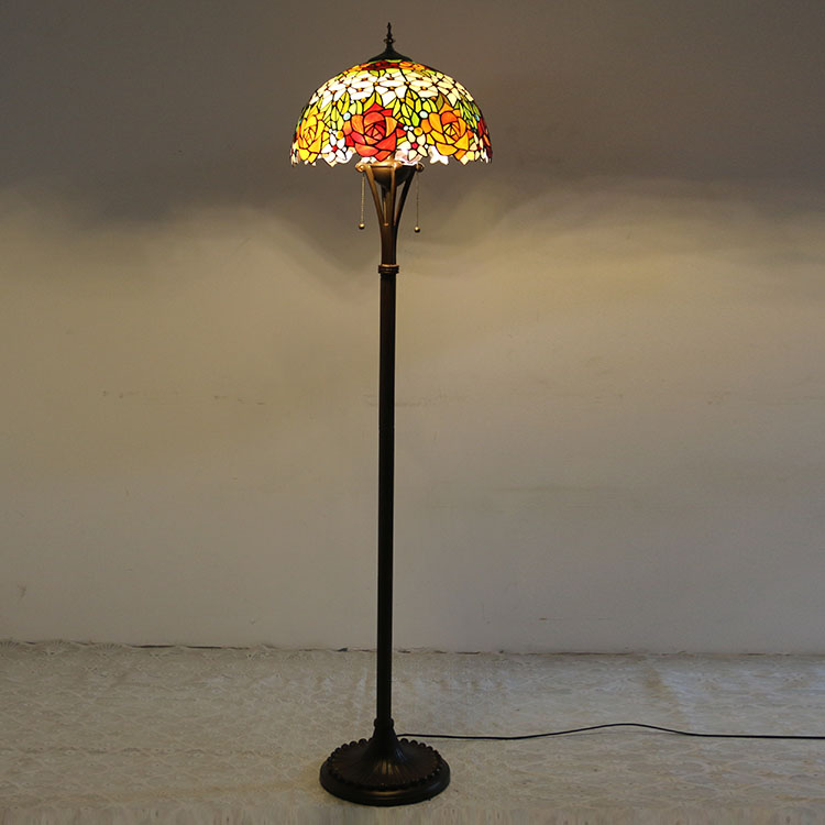 LongHuiJing Red Floral Tiffany Style Stained Glass Floor Lamp with 16-inch Wide Handmade Lampshade Metal Base