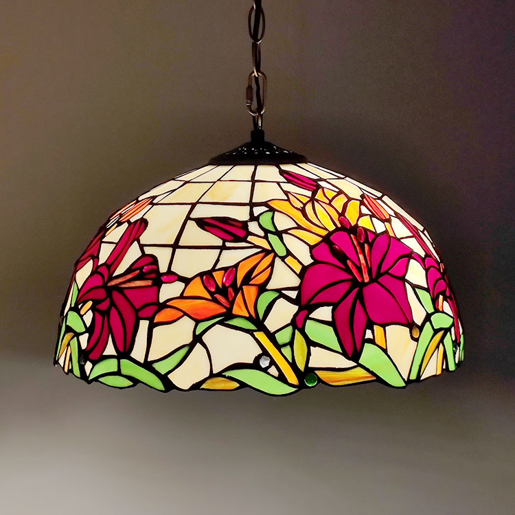 LongHuiJing 16Inch Red Floral Tiffany Style Stained Glass Hanging Lamp Butterfly Rose Stained Glass Ceiling Light